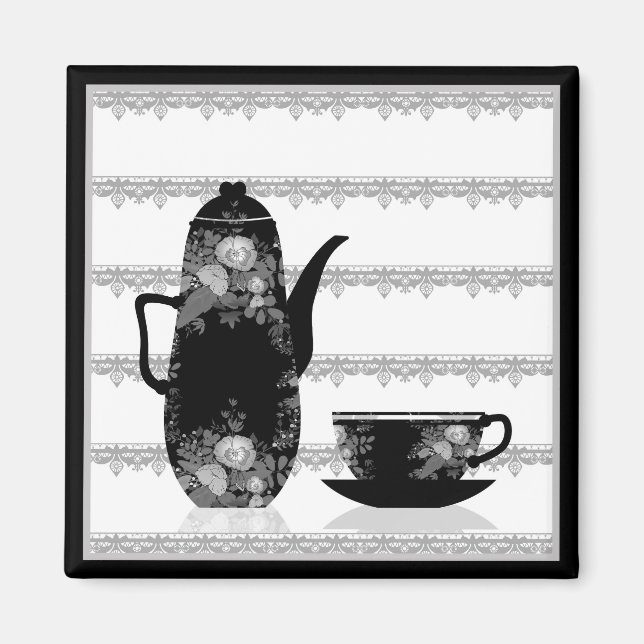 Tea coffee pot cup black white illustration retro magnet (Front)