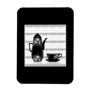 Tea coffee pot cup black white illustration retro magnet