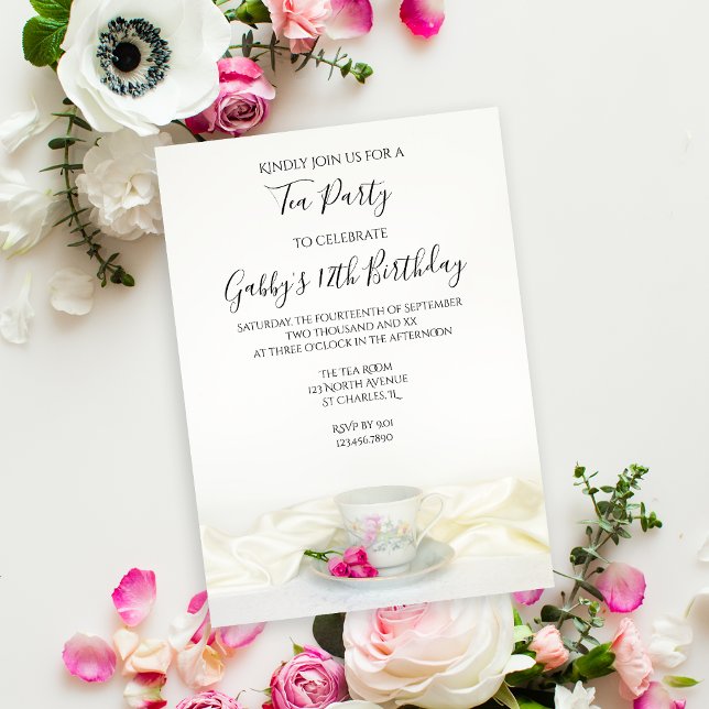 Tea Cup and Pink Roses Birthday Party Invitation (Creator Uploaded)