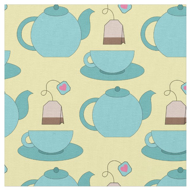 Tea Cup and Pot Cute Cafe Barista Fabric (Close Up)