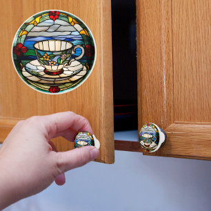 Tea Cup and Saucer Faux Stained Glass  Ceramic Knob