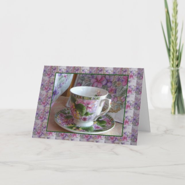 Tea Cup and Violet Bouquet Tea Cosy Greeting Card (Front)