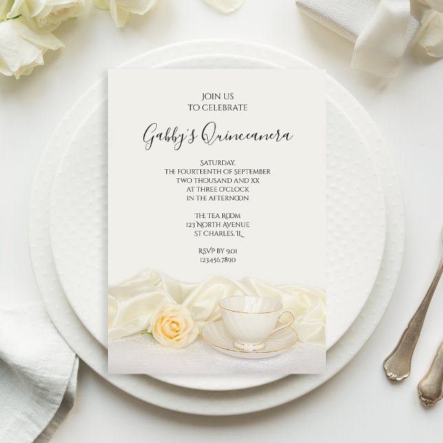 Tea Cup and White Rose Quinceanera Party Invitation (Creator Uploaded)