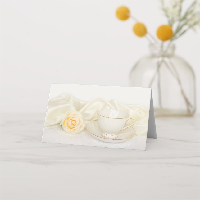 Tea Cup and White Rose Wedding Charity Favours Place Card (Front)