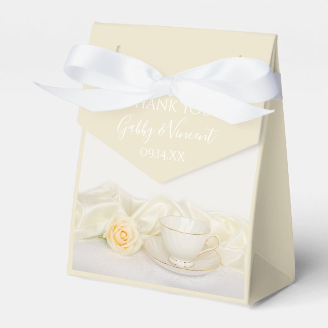 Tea Cup and White Rose Wedding Favour Box (Front Side)