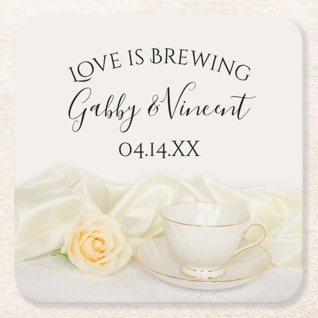 Tea Cup and White Rose Wedding Love is Brewing Square Paper Coaster (Front)