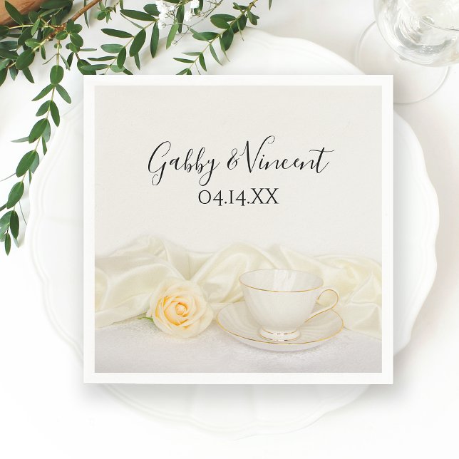 Tea Cup and White Rose Wedding Napkin (Creator Uploaded)