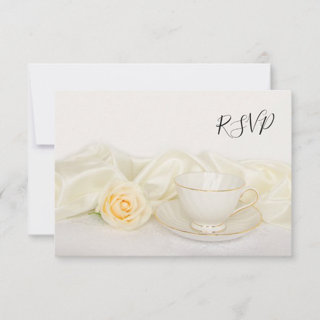 Tea Cup and White Rose Wedding RSVP Reply Card (Front)