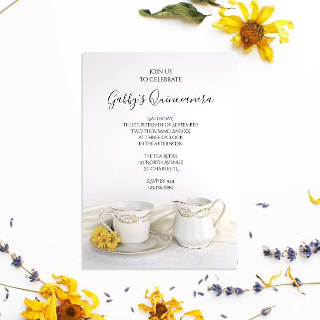 Tea Cup and Yellow Daisies Quinceanera Party Invitation (Creator Uploaded)