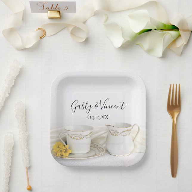 Tea Cup and Yellow Daisies Wedding Paper Plate (Wedding)