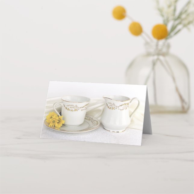 Tea Cup and Yellow Daisies Wedding Place Card (Front)