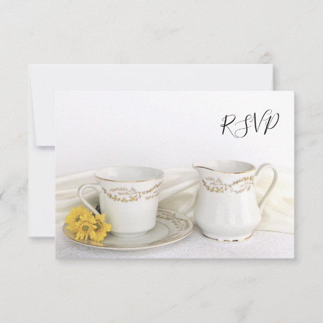 Tea Cup and Yellow Daisies Wedding RSVP Reply Card (Front)