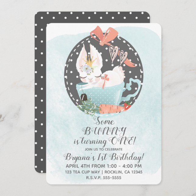 Tea Cup Bunny Rabbit Watercolor Birthday Party Invitation (Front/Back)