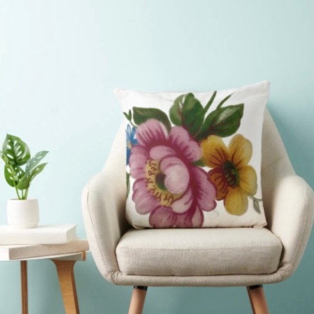 Tea Cup Floral Bouquet Cushion (Sophisticated monogramed throw pillow with an elegant floral design. )