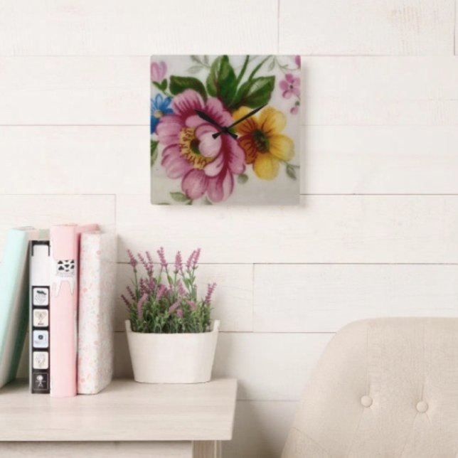 Tea Cup Floral Bouquet Square Wall Clock (Creator Uploaded)