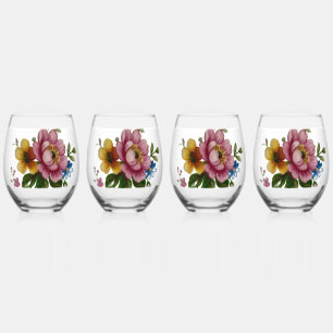 Tea Cup Floral Bouquet Stemless Wine Glass