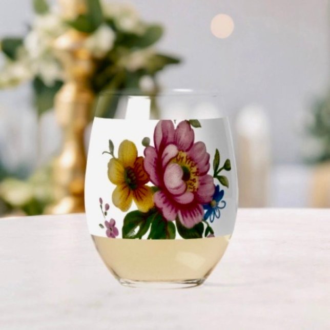 Tea Cup Floral Bouquet  Stemless Wine Glass (Creator Uploaded)