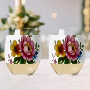 Tea Cup Floral Bouquet Stemless Wine Glass