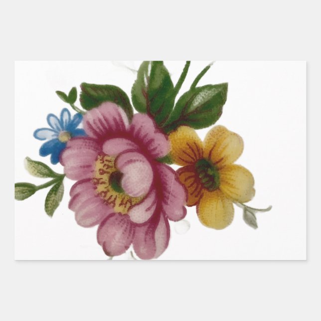 Tea Cup Floral Bouquet Wrapping Paper Sheet (Front)