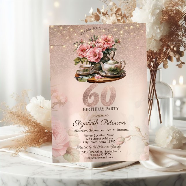  Tea Cup Flowers Glitter Rose Gold 60th Birthday   Invitation (Creator Uploaded)