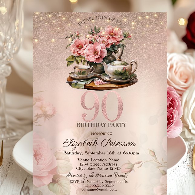  Tea Cup Flowers Glitter Rose Gold 90th Birthday   Invitation (Creator Uploaded)