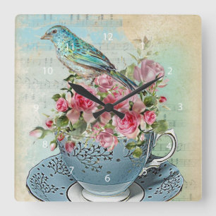 Tea cup flowers square wall clock