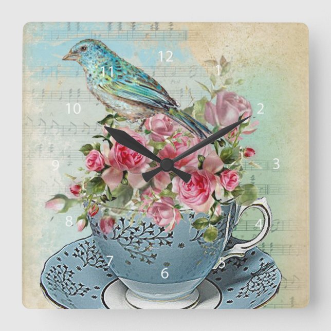 Tea cup flowers square wall clock (Front)