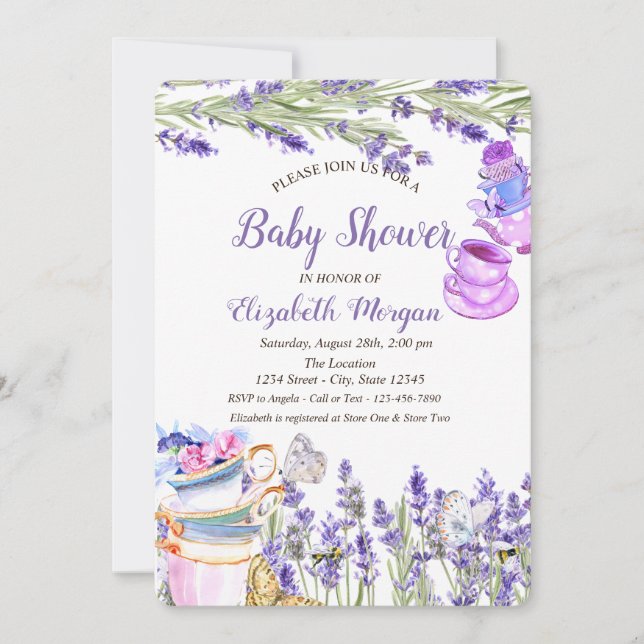 Tea cup Lavander Butterfly Glitter Baby Shower  Invitation (Front)