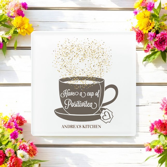 Tea Cup Quote Brown Yellow White Inspirational Glass Coaster (Creator Uploaded)