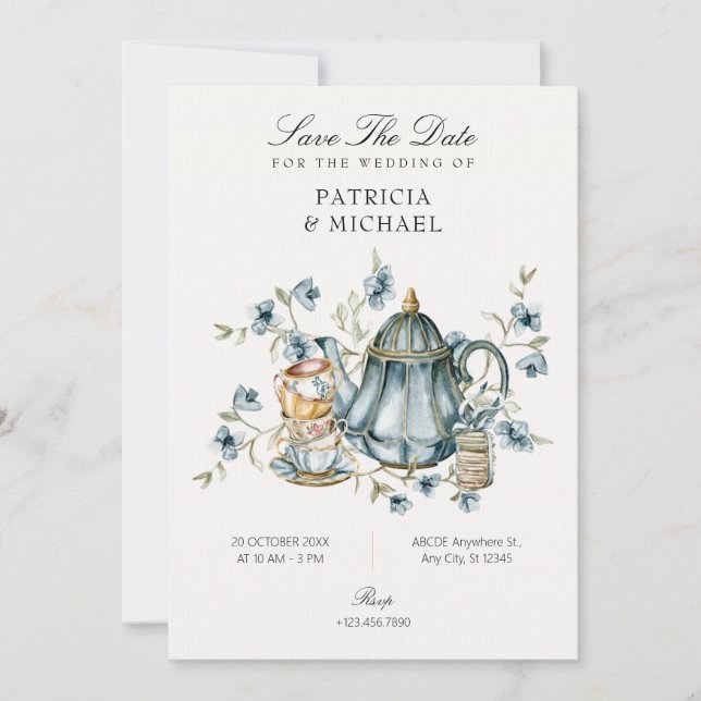 Tea cup wedding save the date (Front)