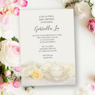 Tea Cup with White Rose Floral Baby Shower Invitation