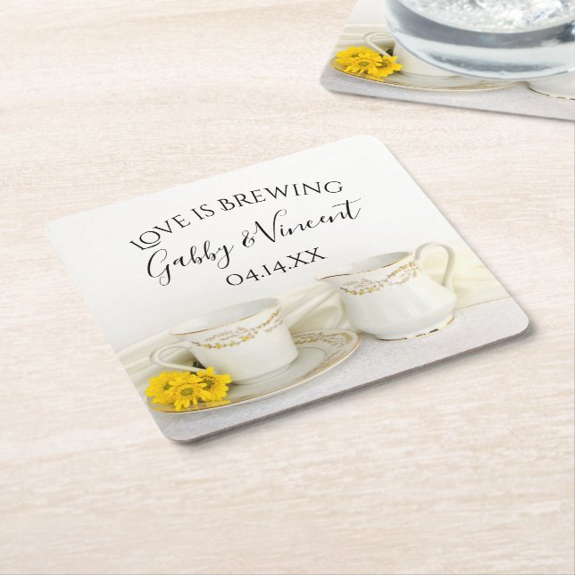 Tea Cup with Yellow Daisie Wedding Love is Brewing Square Paper Coaster (Angled)