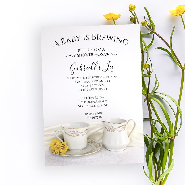 Tea Cup with Yellow Daisies Baby is Brewing Shower Invitation (Creator Uploaded)