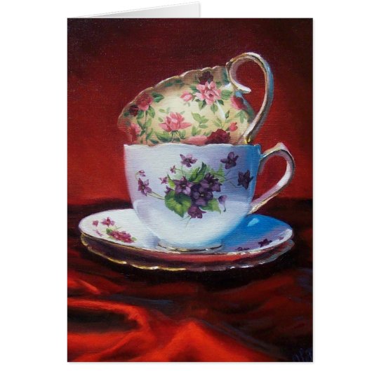 Tea Cups and Red Satin Card