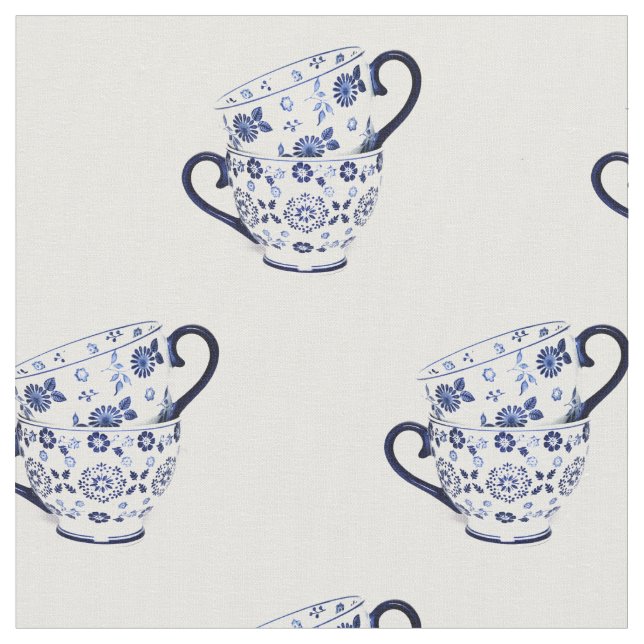 Tea cups cobalt fabric (Close Up)