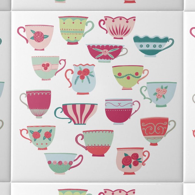 Tea Cups Modern Retro Ceramic Tile (Retro vintage teacup pattern ceramic tile)