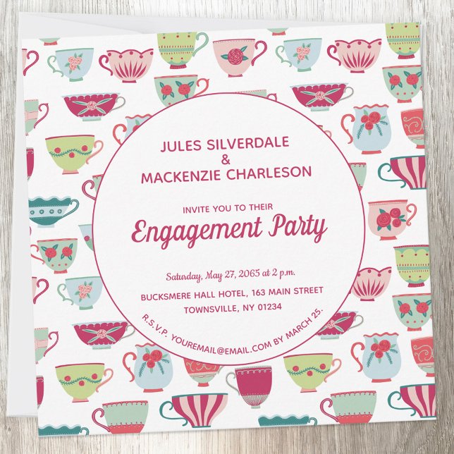 Tea Cups Modern Vintage Engagement Invitation (Vintage retro teacup pattern personalized engagement party invitation)