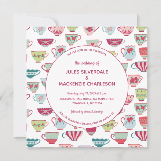 Tea Cups Modern Vintage Wedding Invitation (Front)