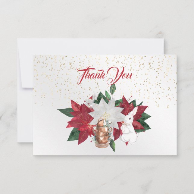 Tea Cups Poinsettia Rabbit Christmas Thank You Card (Front)
