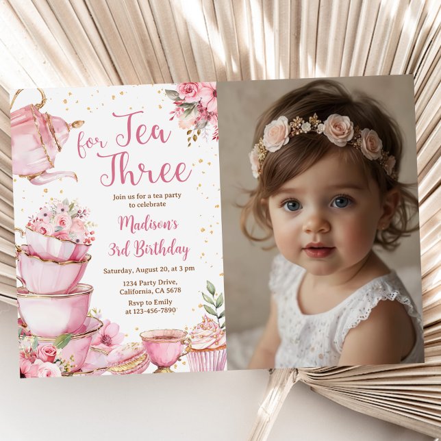 Tea For Three 3rd Birthday Party Pink Floral Photo Invitation (Creator Uploaded)
