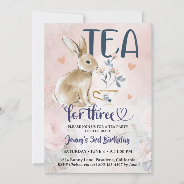 Tea for Three Birthday Invitations Bunny Rabbit 3 (Front)