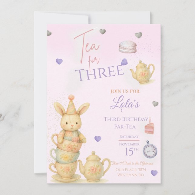 Tea For Three Birthday Party Invite, Invitation (Front)