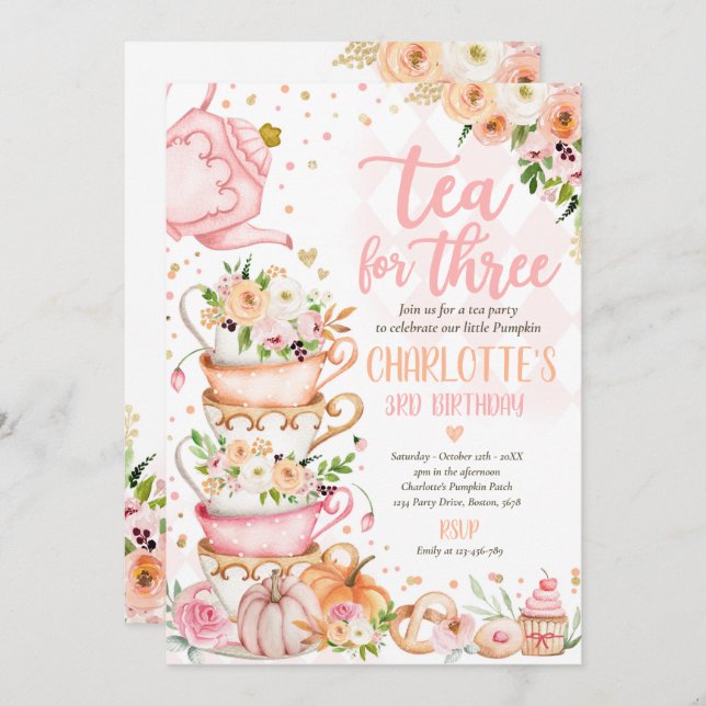Tea For Three Birthday Party Pumpkin Autumn Floral Invitation (Front/Back)