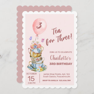 Tea For Three Birthday Pink Floral Tea Party  Invitation