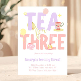 Tea For Three Birthday Pink Pastel Tea Party Invitation