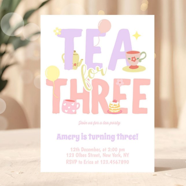 Tea For Three Birthday Pink Pastel Tea Party Invitation (tea party invitation, tea party, girly tea party, par tea invitation, whimsical tea party, garden te)