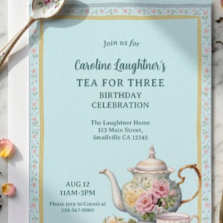 Tea For Three Flower Garden Birthday Invitation