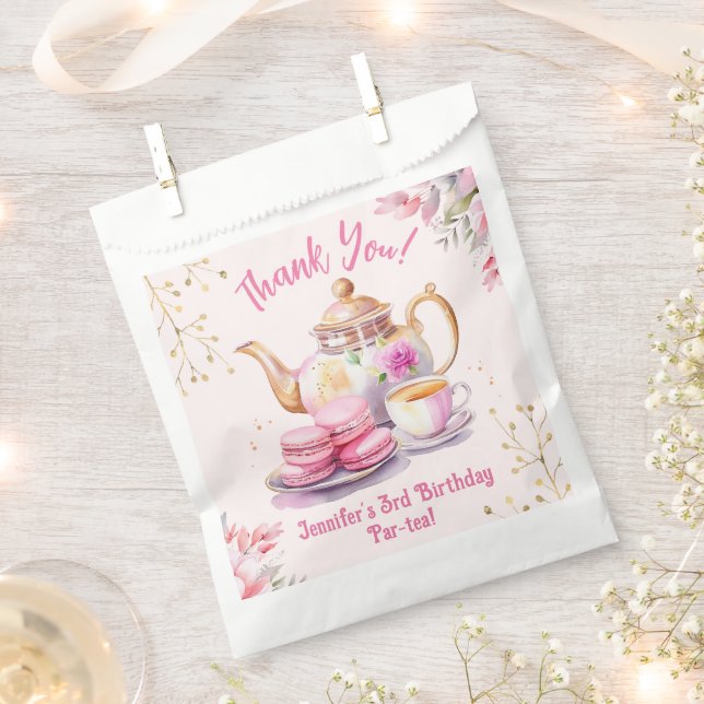 Tea For Three! Girl Pink 3rd Birthday Tea Party Favour Bag (Clipped)