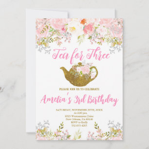 Tea for Three Invitation, Pink Floral 3rd Birthday Invitation