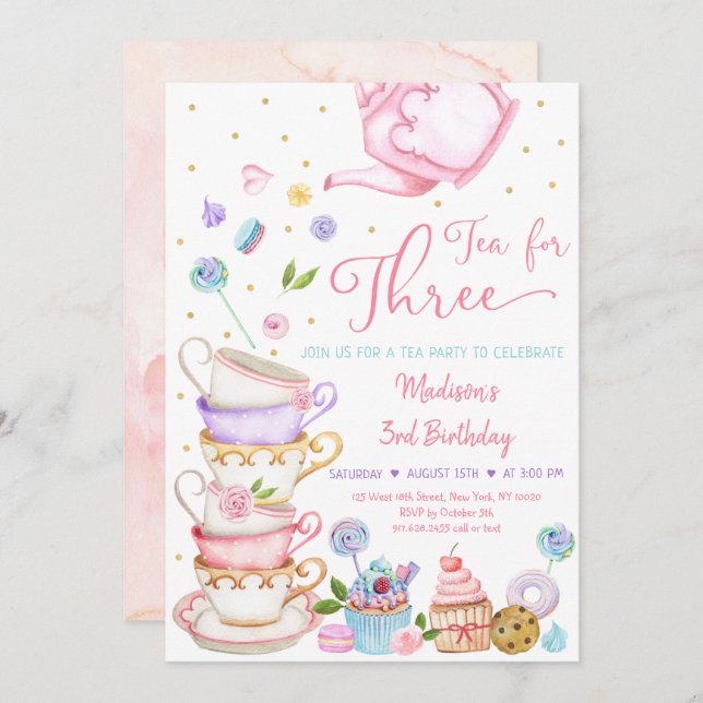 Tea For Three Pink Floral Tea Party Birthday Invitation (Front/Back)